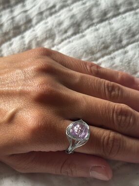 Handmade Silver Wire Wrapped Ring w/ Lilac Purple Glass Bead – Fits Size 6
